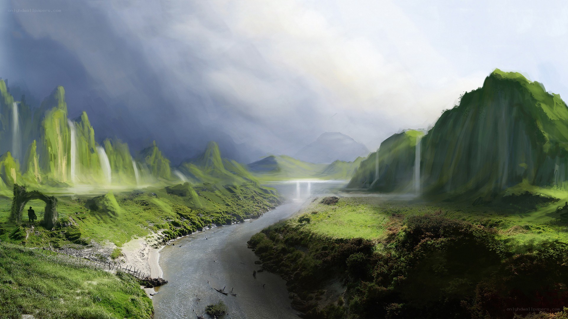 Lush green valley with river