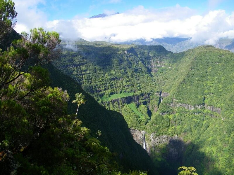 lush green valley with waterfall