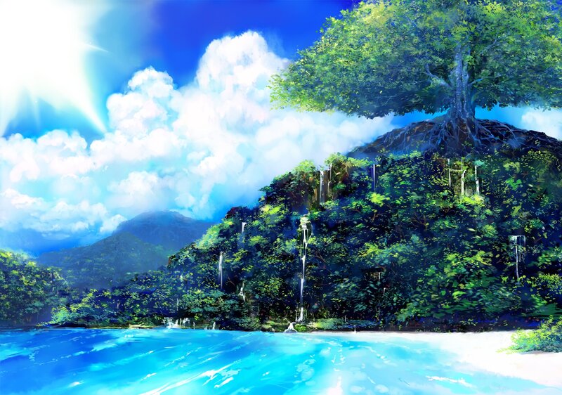 Lush island with waterfall