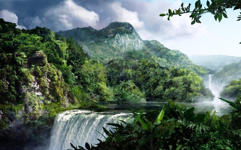 lush jungle waterfall landscape