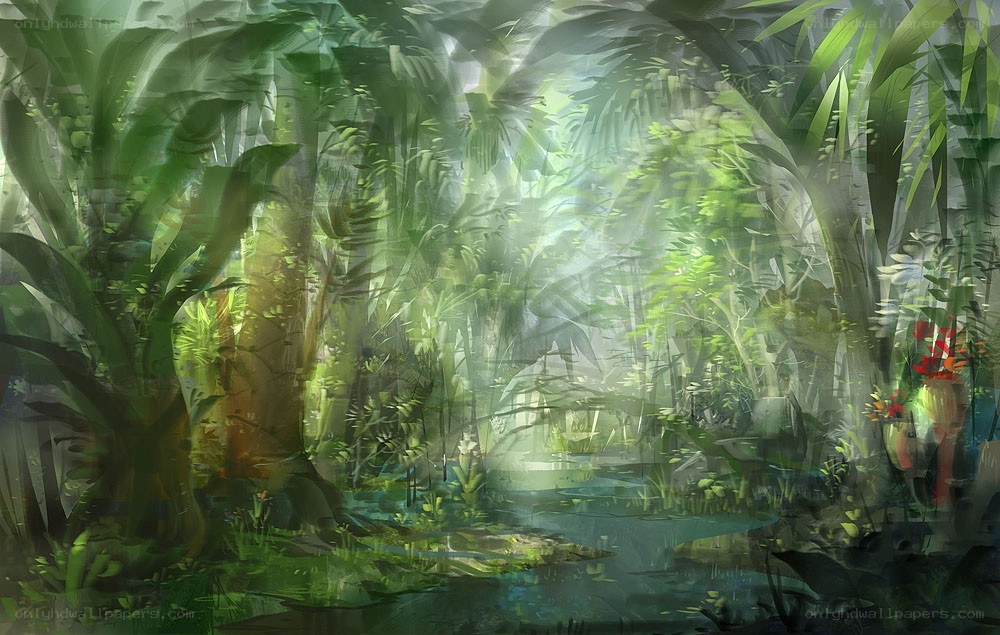 lush jungle with sunbeams