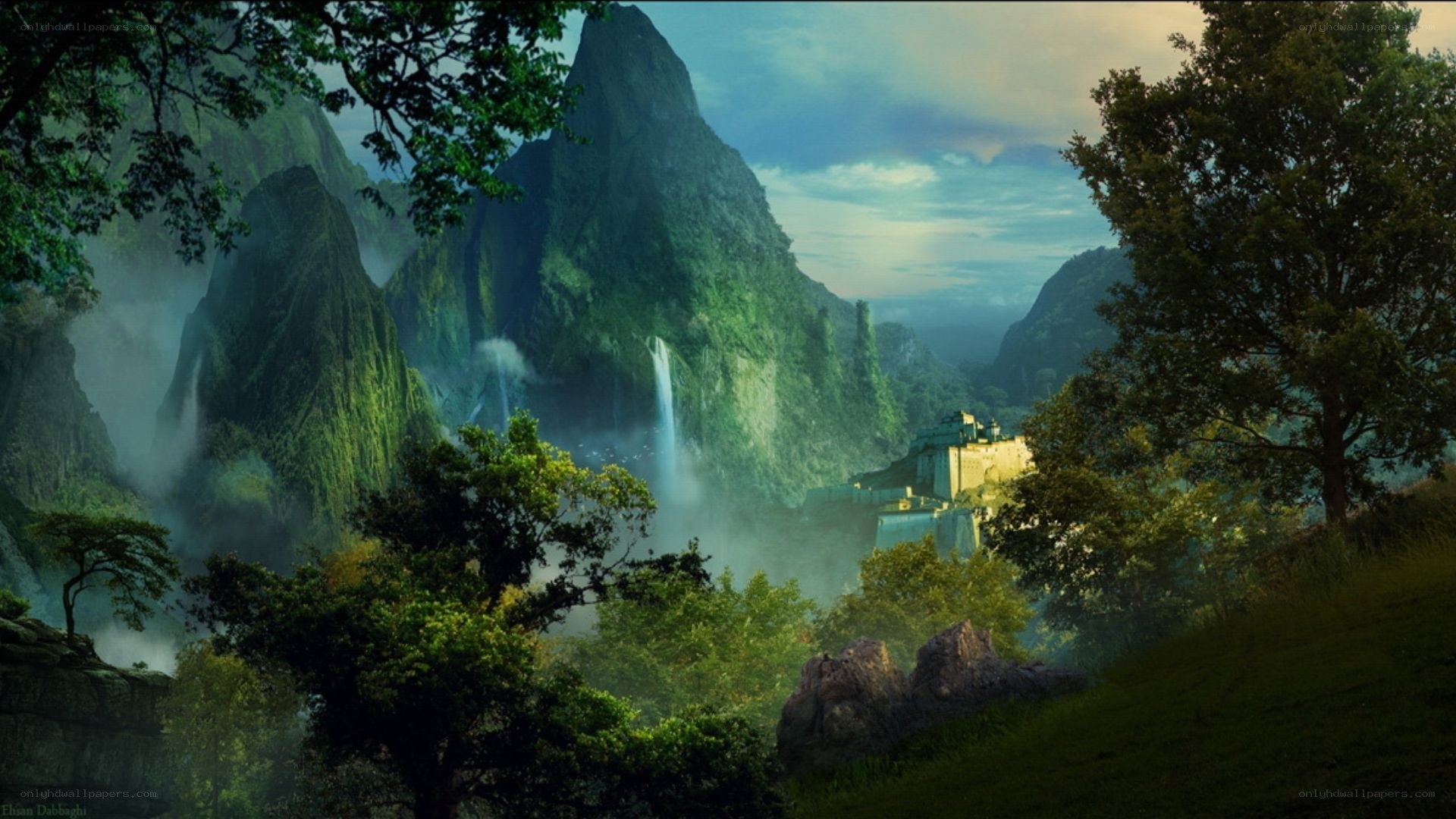 lush mountain valley with castle
