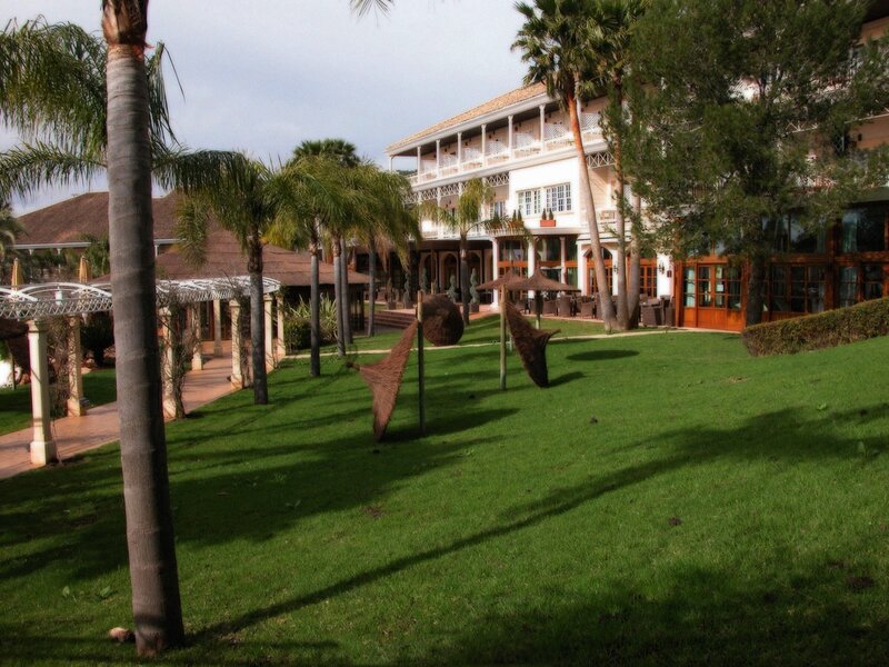 Lush resort with palm trees
