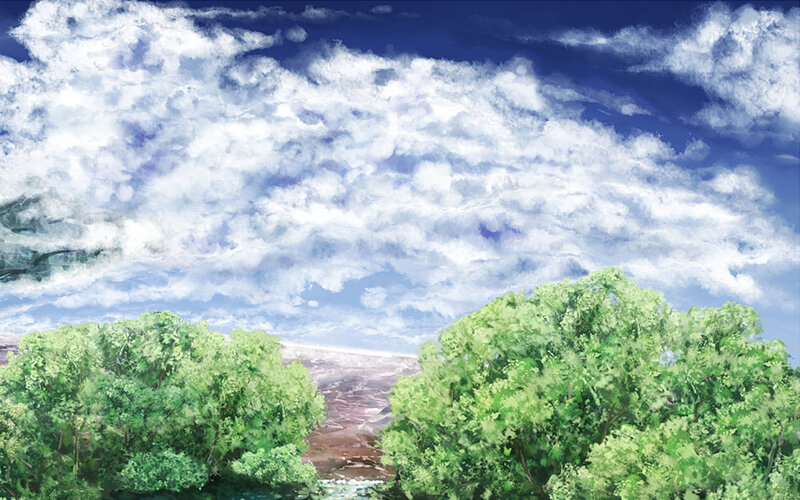 Lush trees under cloudy sky