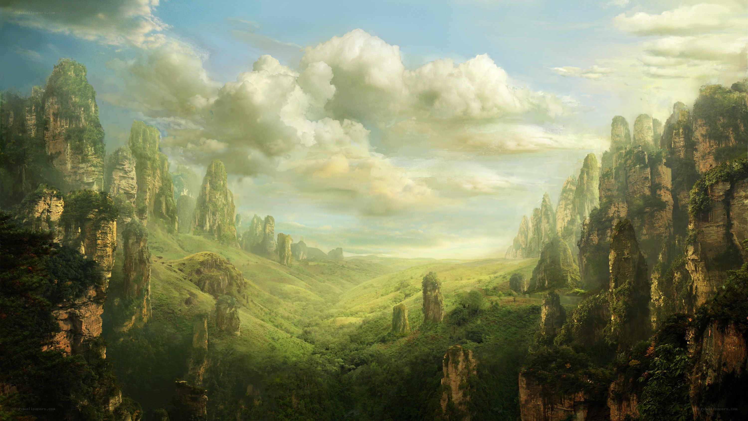Lush valley with towering rock formations