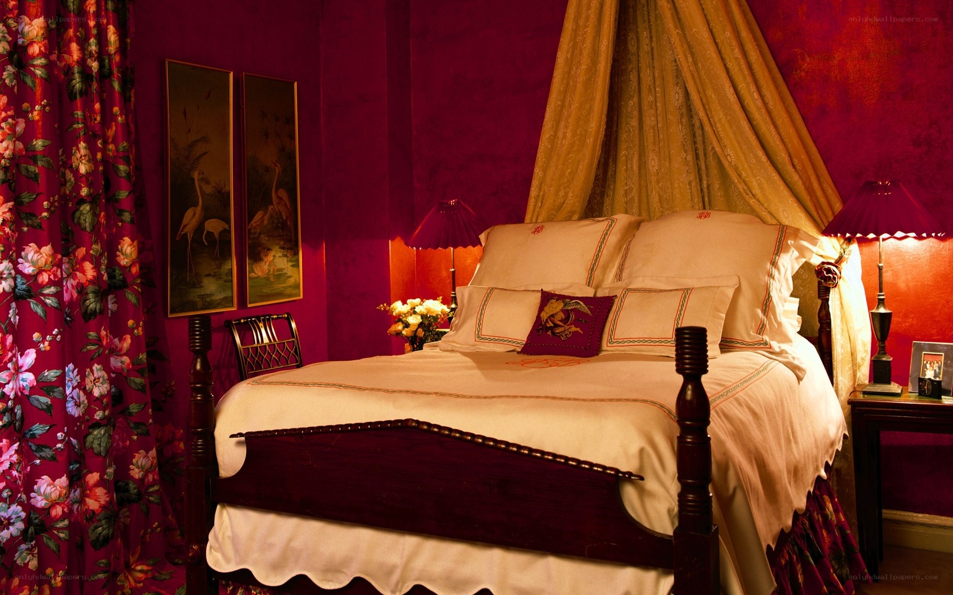 luxurious bedroom with red walls