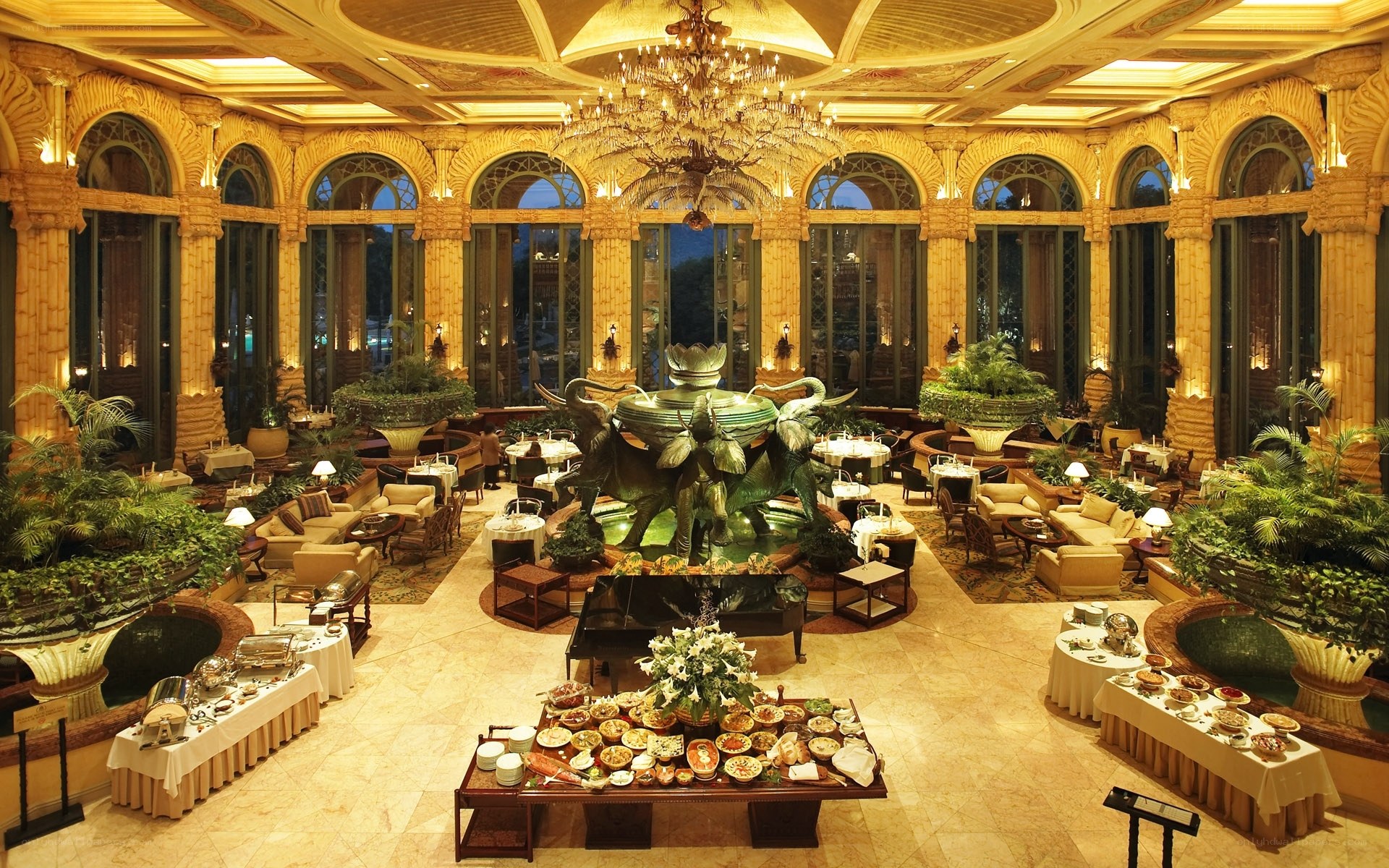 Luxurious hotel lobby with buffet