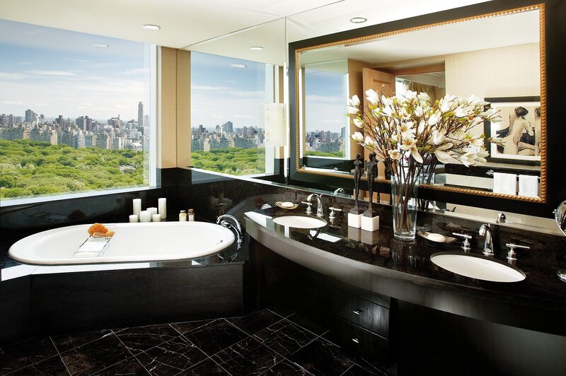 Luxury Bathroom with City View — Black, Serene
