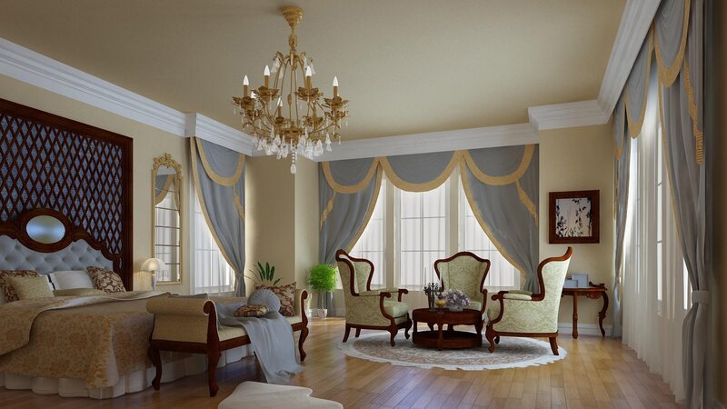 Luxury Bedroom Interior — Beige, Elegant, Afternoon, 3d Render, Chandelier