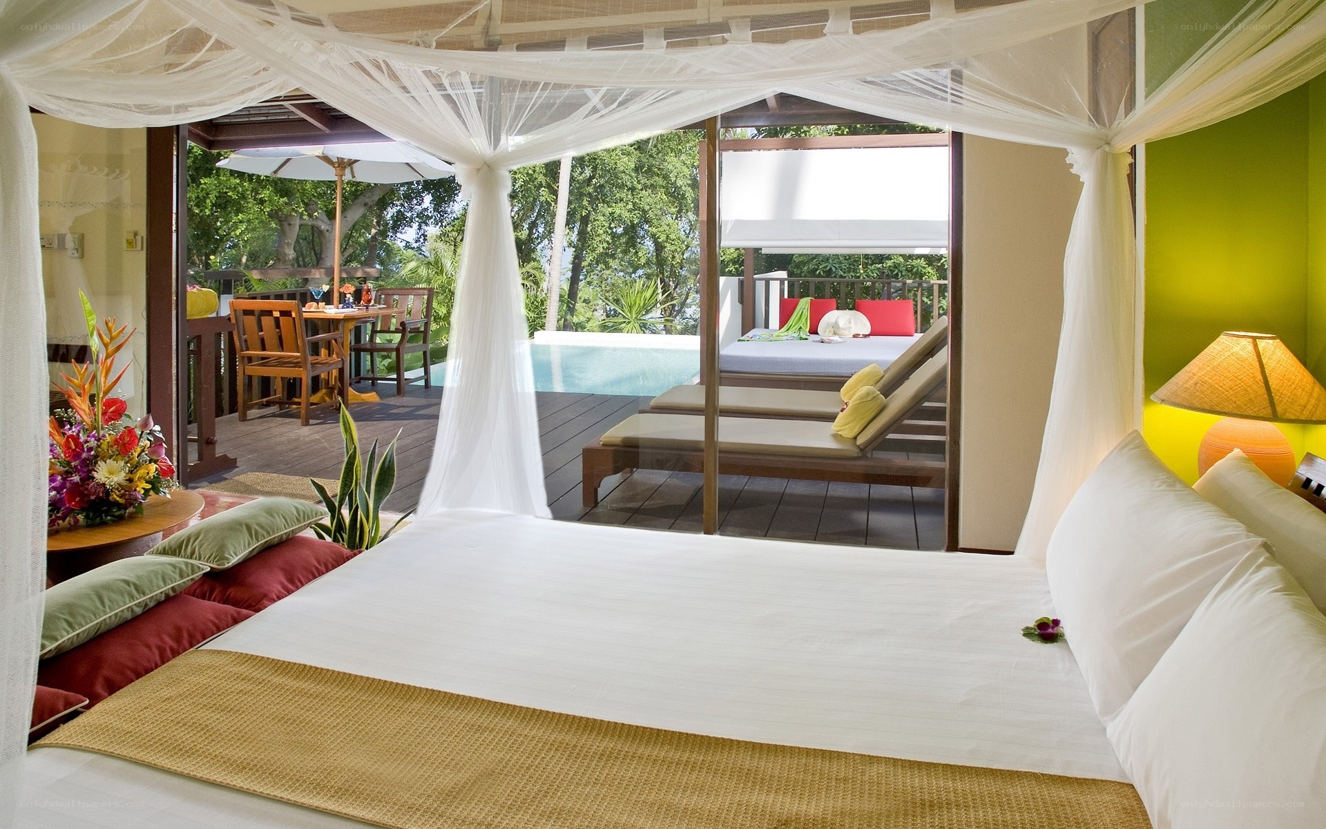 Luxury bedroom with pool view