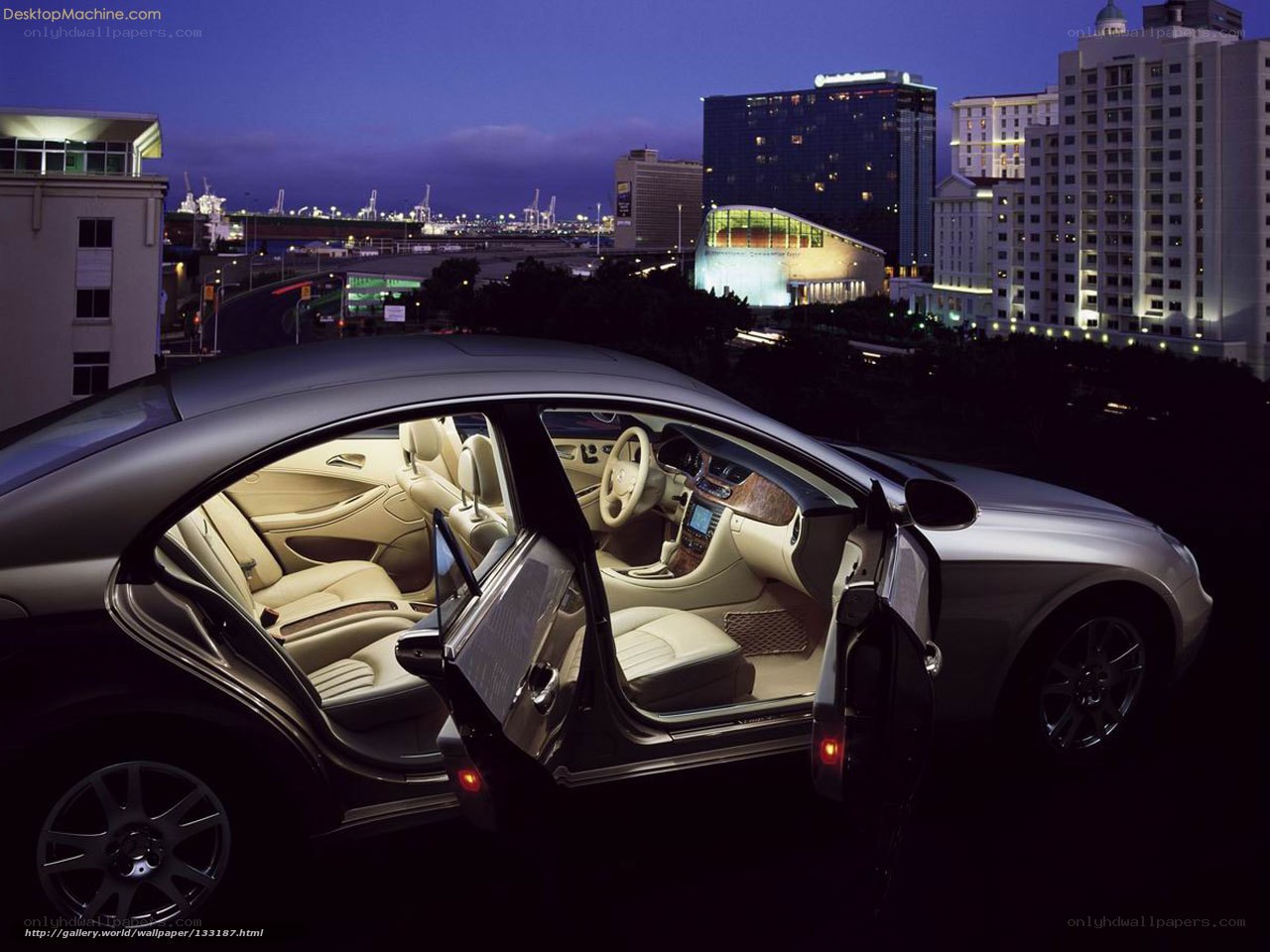 Luxury car at night with city view