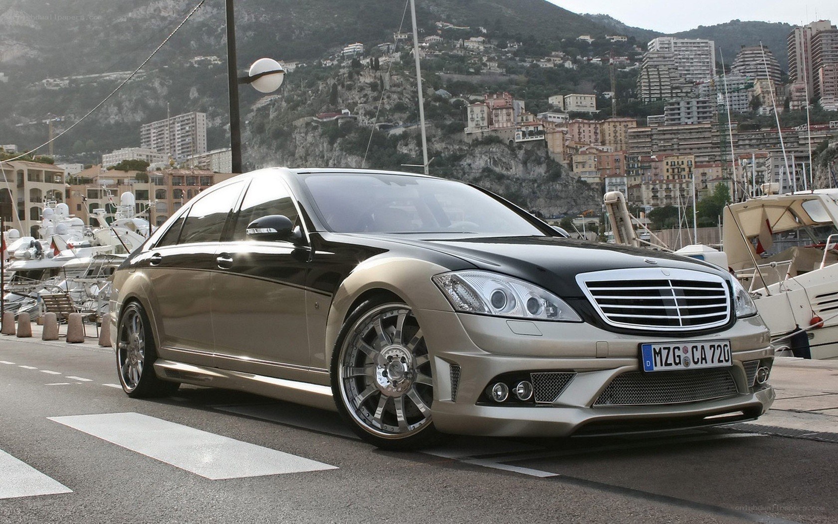 Luxury car in Monaco harbor