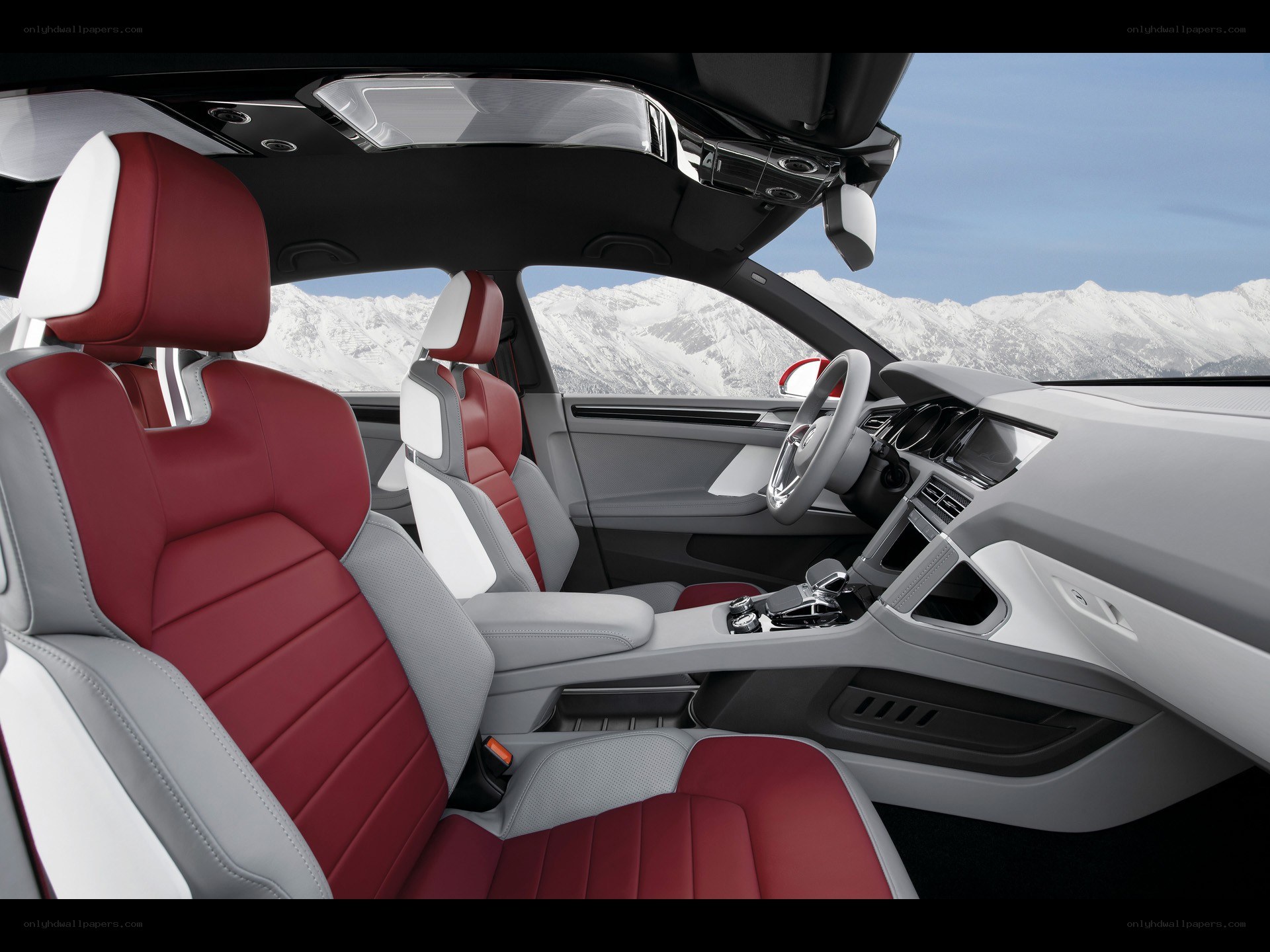 Luxury car interior with mountain view