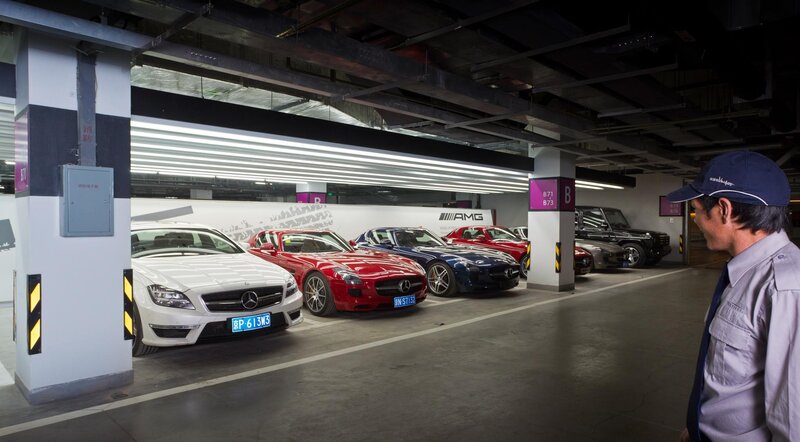 Luxury cars in underground garage