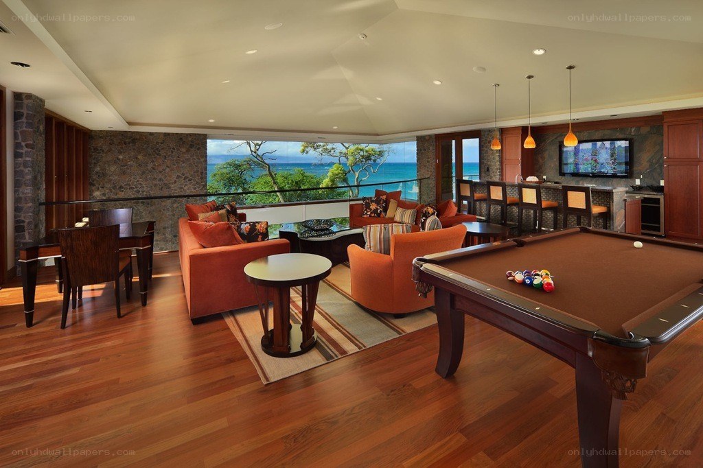 Luxury game room with ocean view