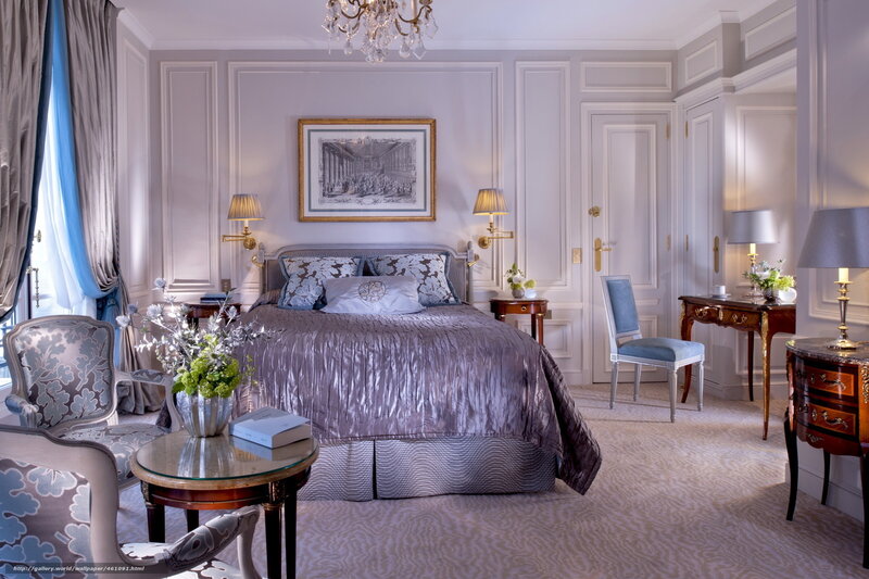 Luxury Hotel Bedroom — Gray, Elegant, Photograph, Chandelier
