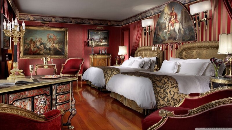Luxury Hotel Room — Red, Opulent, Photograph, Beds, Desk