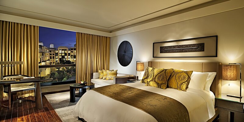 luxury hotel room with city view