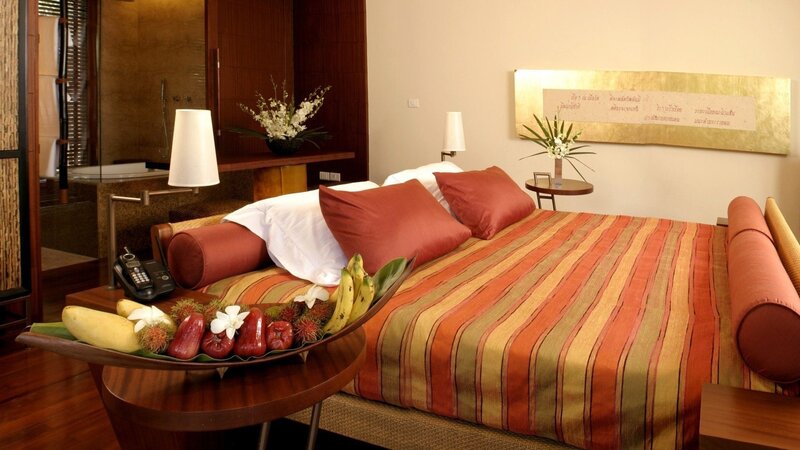 Luxury hotel room with fruit platter
