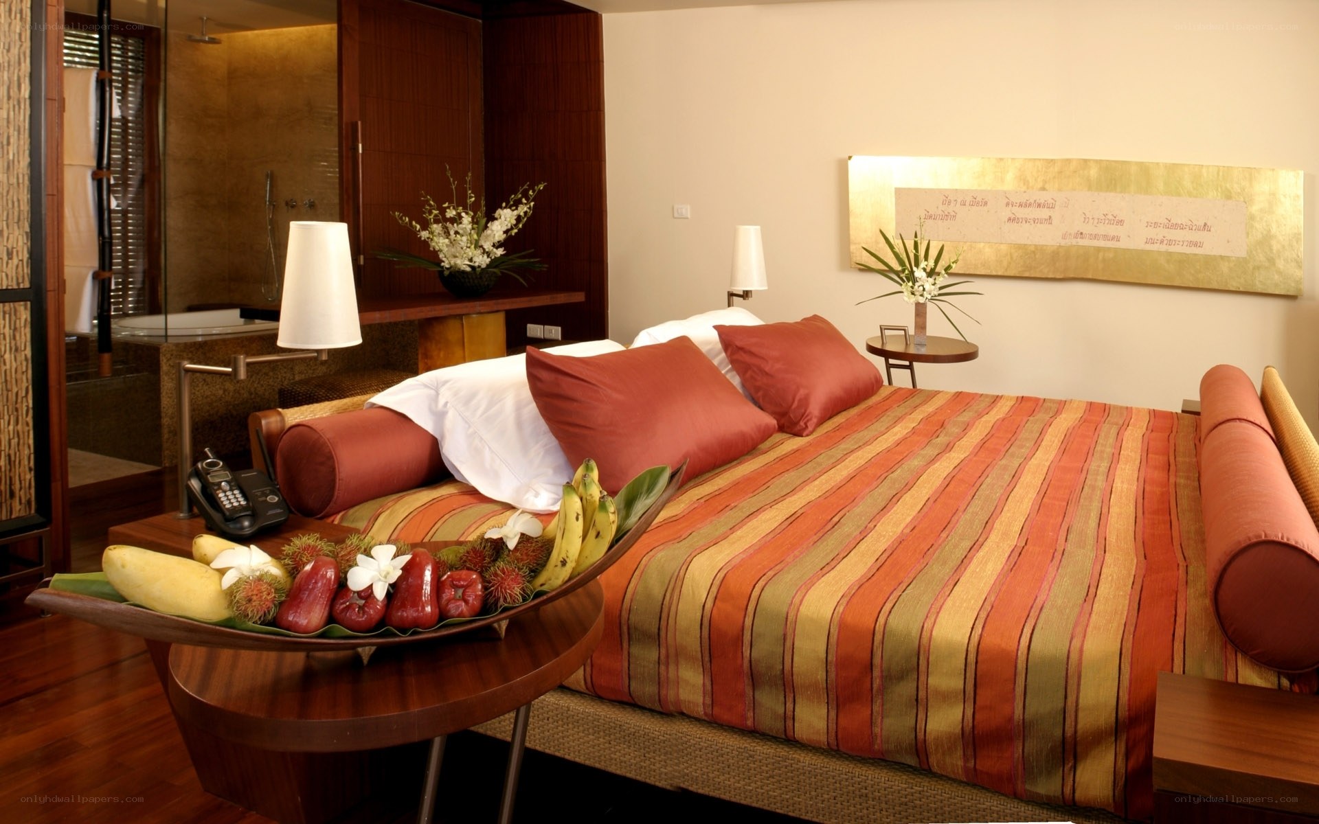 Luxury hotel room with fruit platter