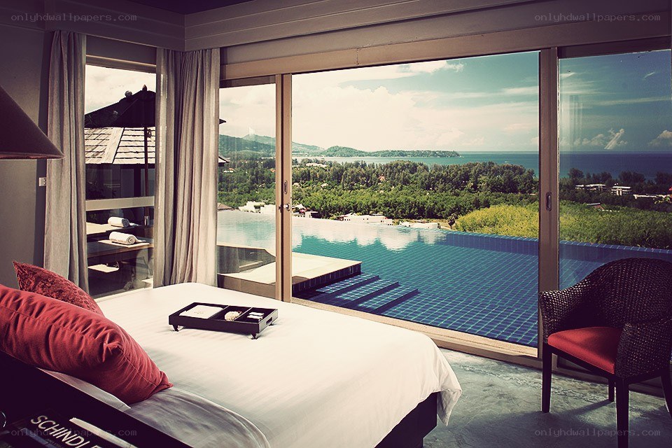 Luxury hotel room with pool view