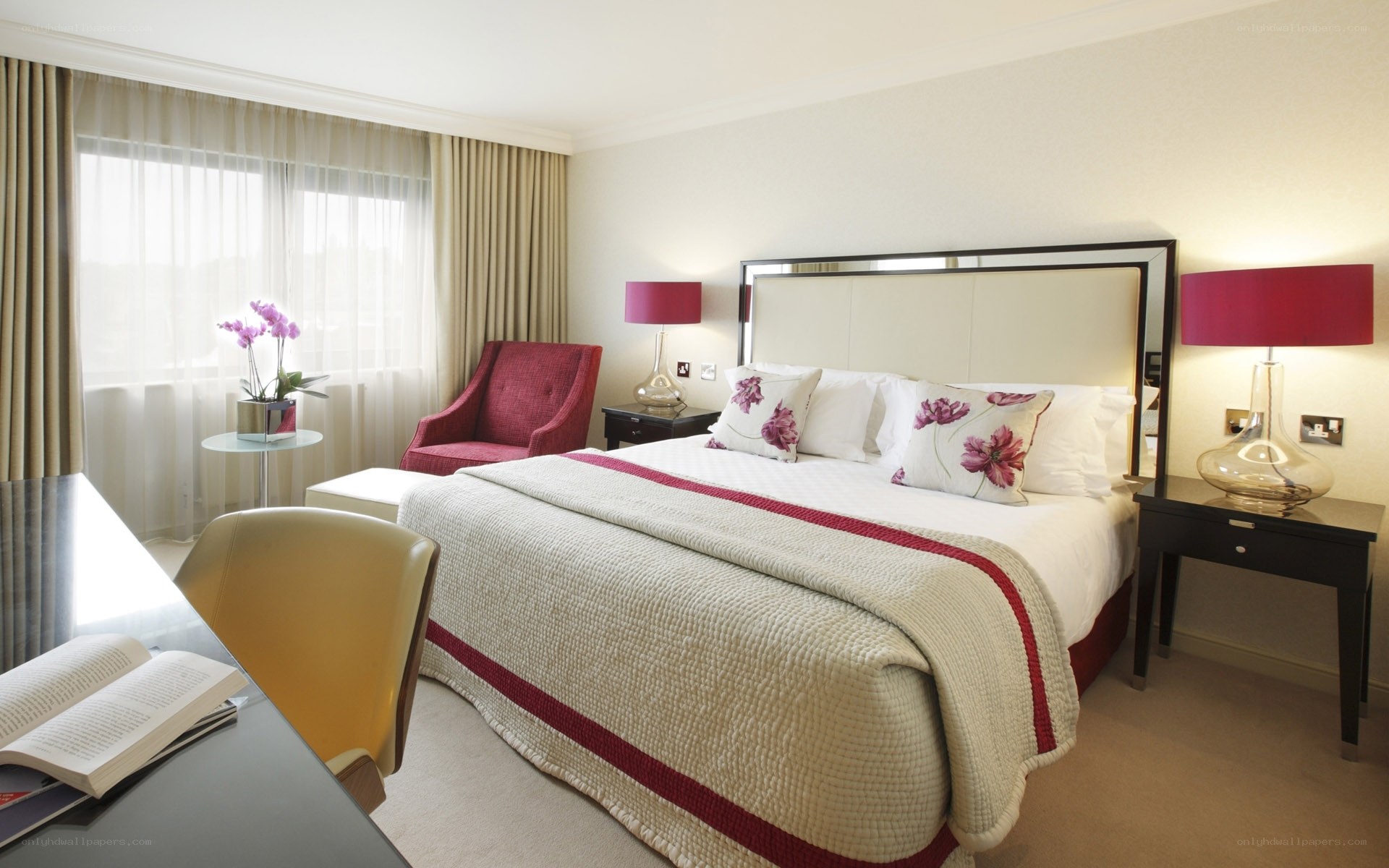 Luxury hotel room with red accents