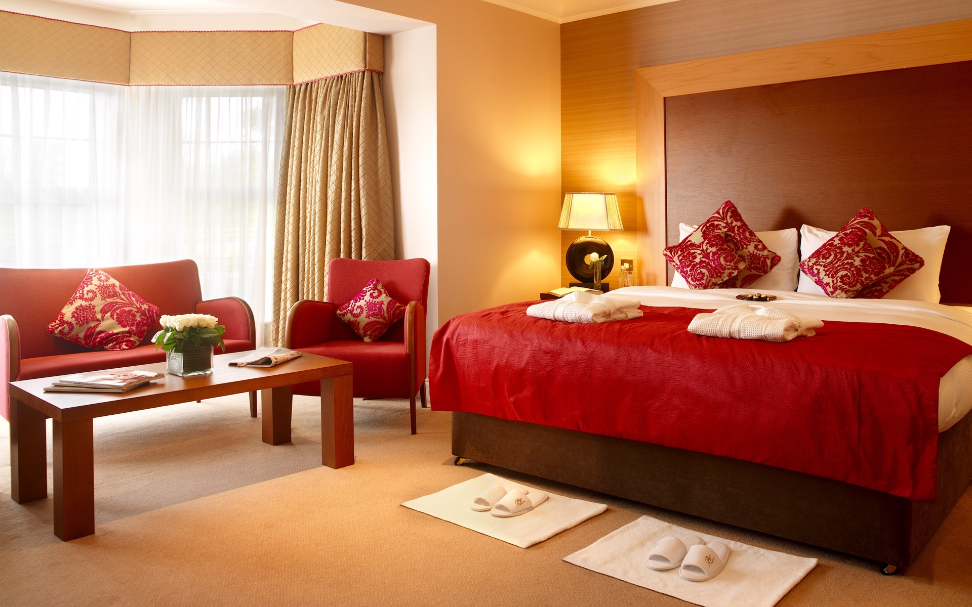 Luxury hotel room with red accents