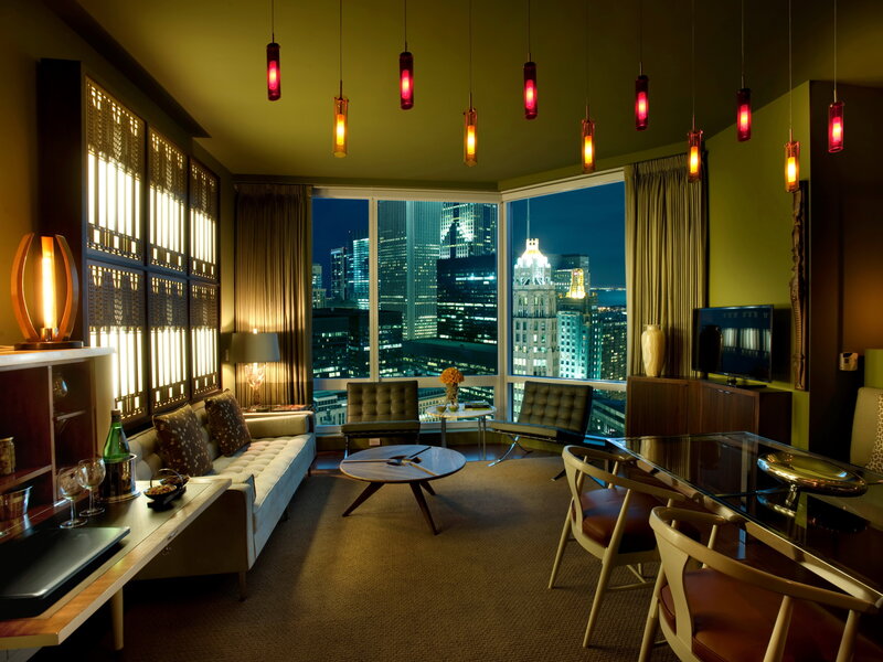 Luxury Hotel Suite — Green, Modern, Night, Photograph, City Skyline