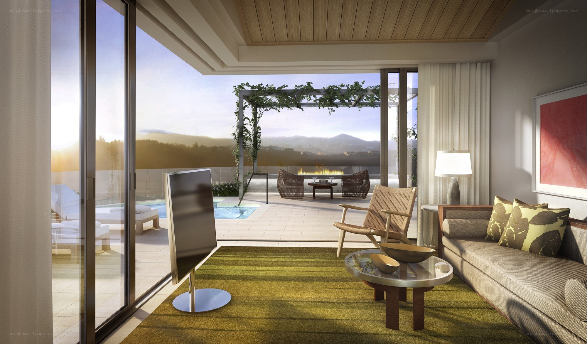 Luxury hotel suite with pool view