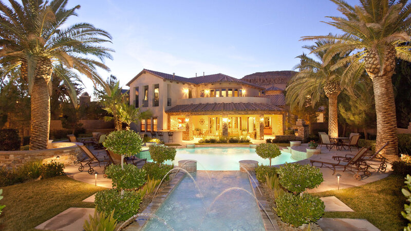 Luxury House with Pool — Blue, Serene, Night, Photograph, Palm Trees, Fountain