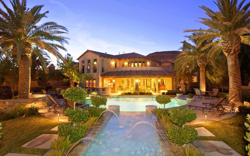 Luxury House with Pool — Blue, Serene, Night, Photograph, Palm Trees