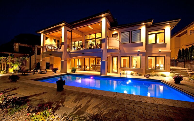 Luxury House with Pool — Blue, Serene, Night, Photograph, Patio