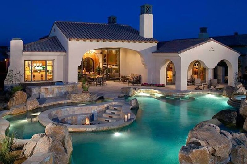 Luxury House with Pool — Blue, Serene, Night, Photograph