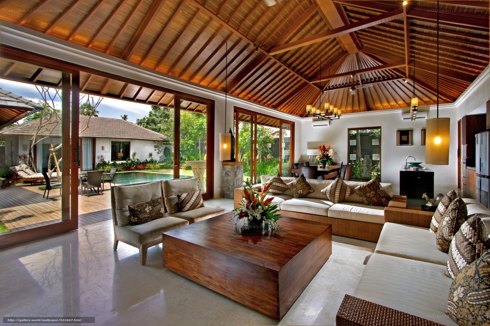 Luxury living room with pool view