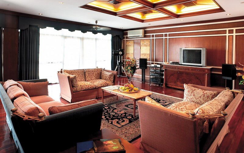 Luxury living room with wood paneling