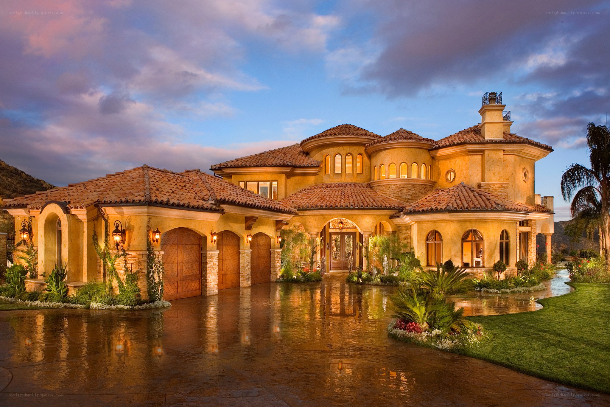 luxury mansion at dusk