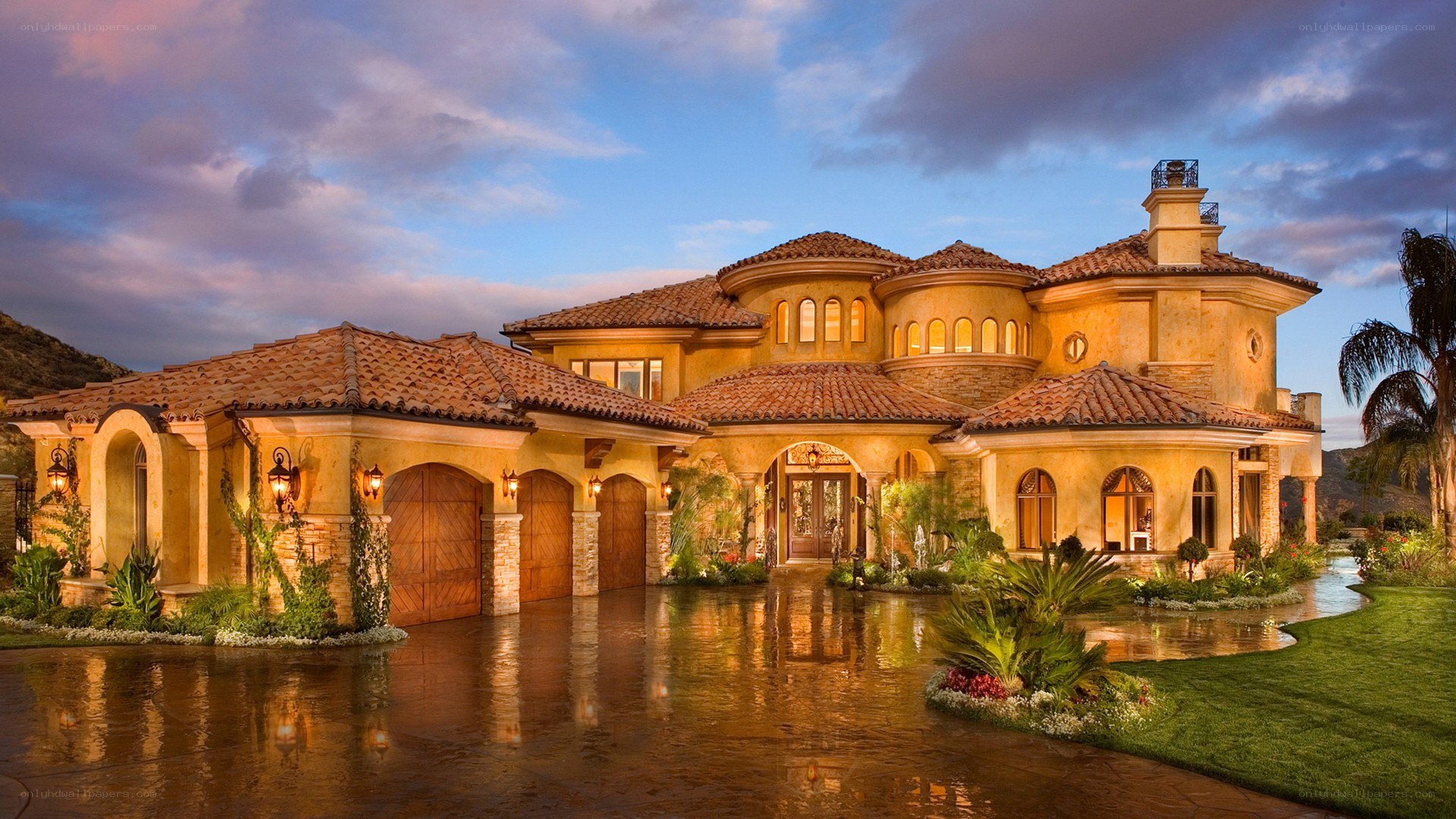 luxury mansion at dusk
