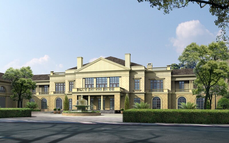 luxury mansion with fountain