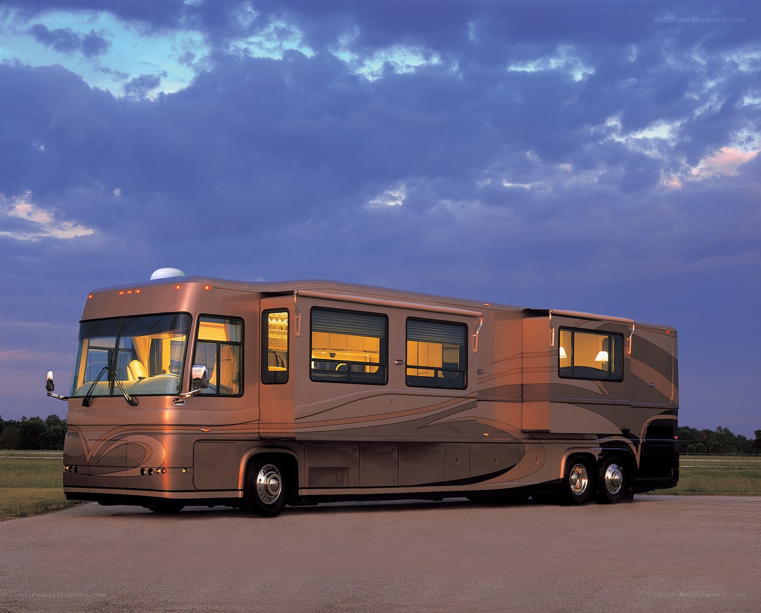 Luxury motorhome at dusk