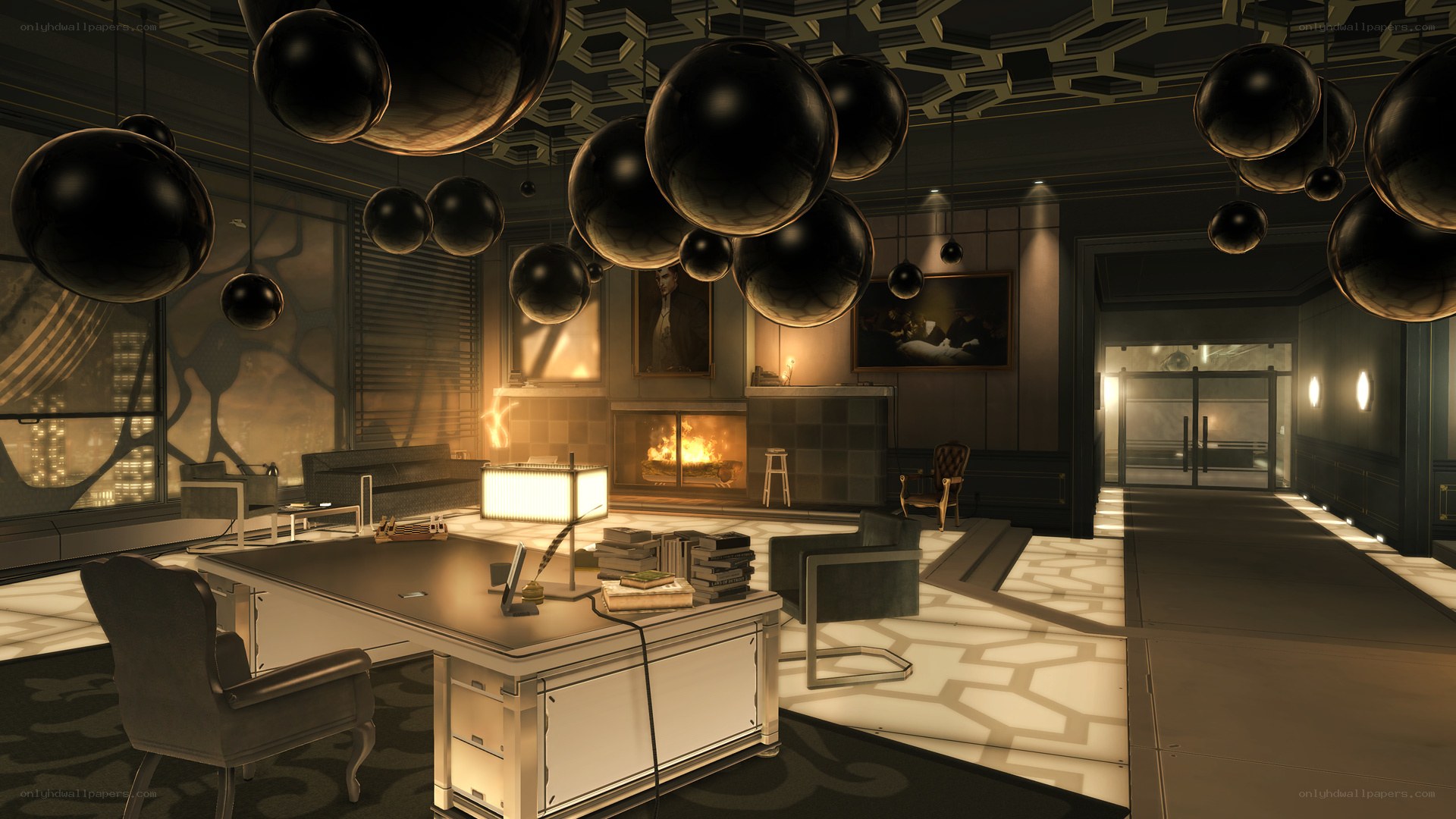 luxury office with hanging lights