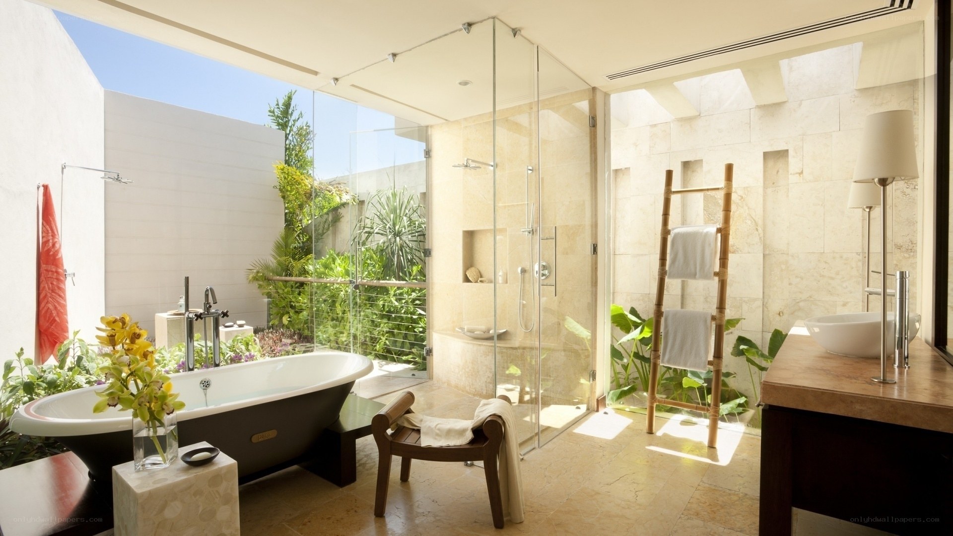 Luxury outdoor bathroom with garden view