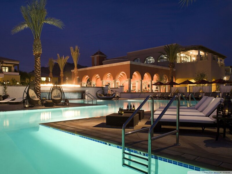 Luxury Pool at Night — Blue, Serene, Photograph, Palm Trees, Lounge Chairs
