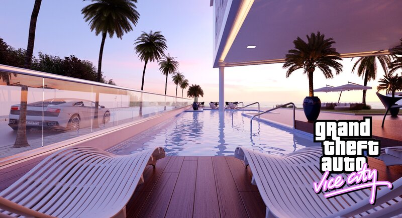 Luxury Pool at Sunset — Purple