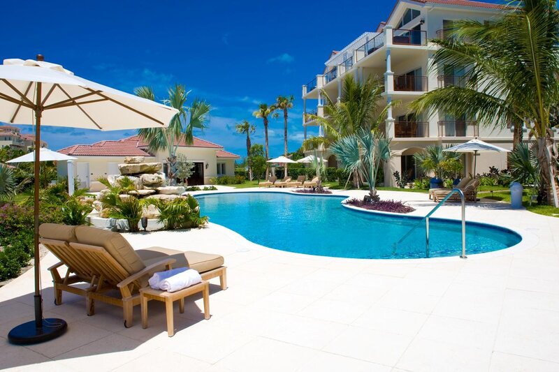 Luxury poolside resort scene