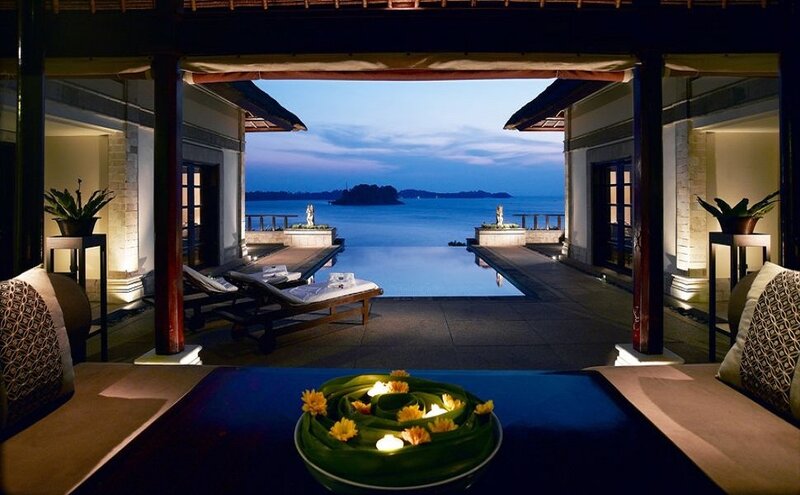 Luxury poolside view at dusk