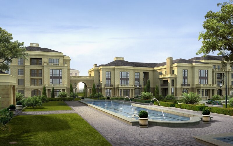Luxury residential complex with fountain
