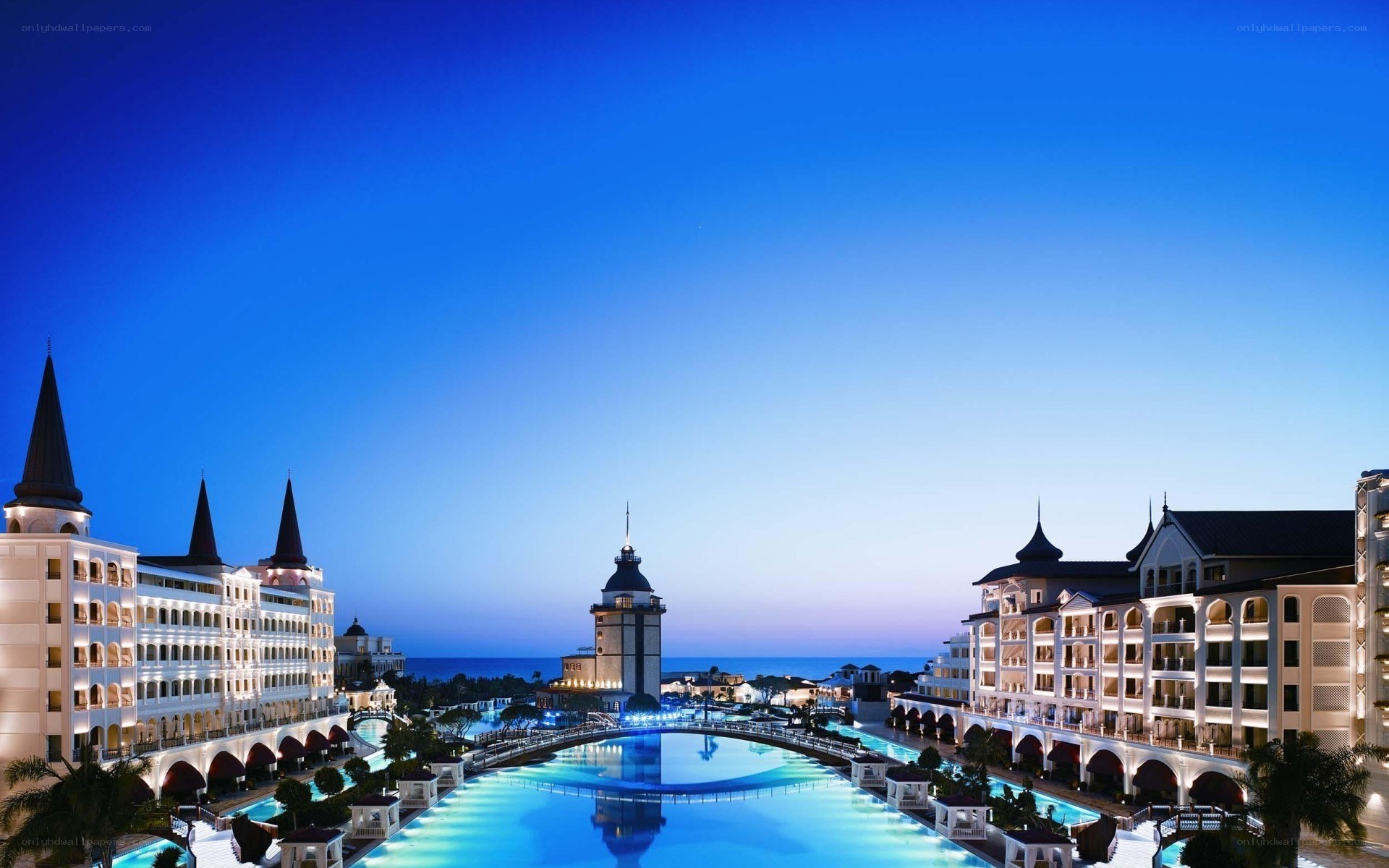 luxury resort at dusk