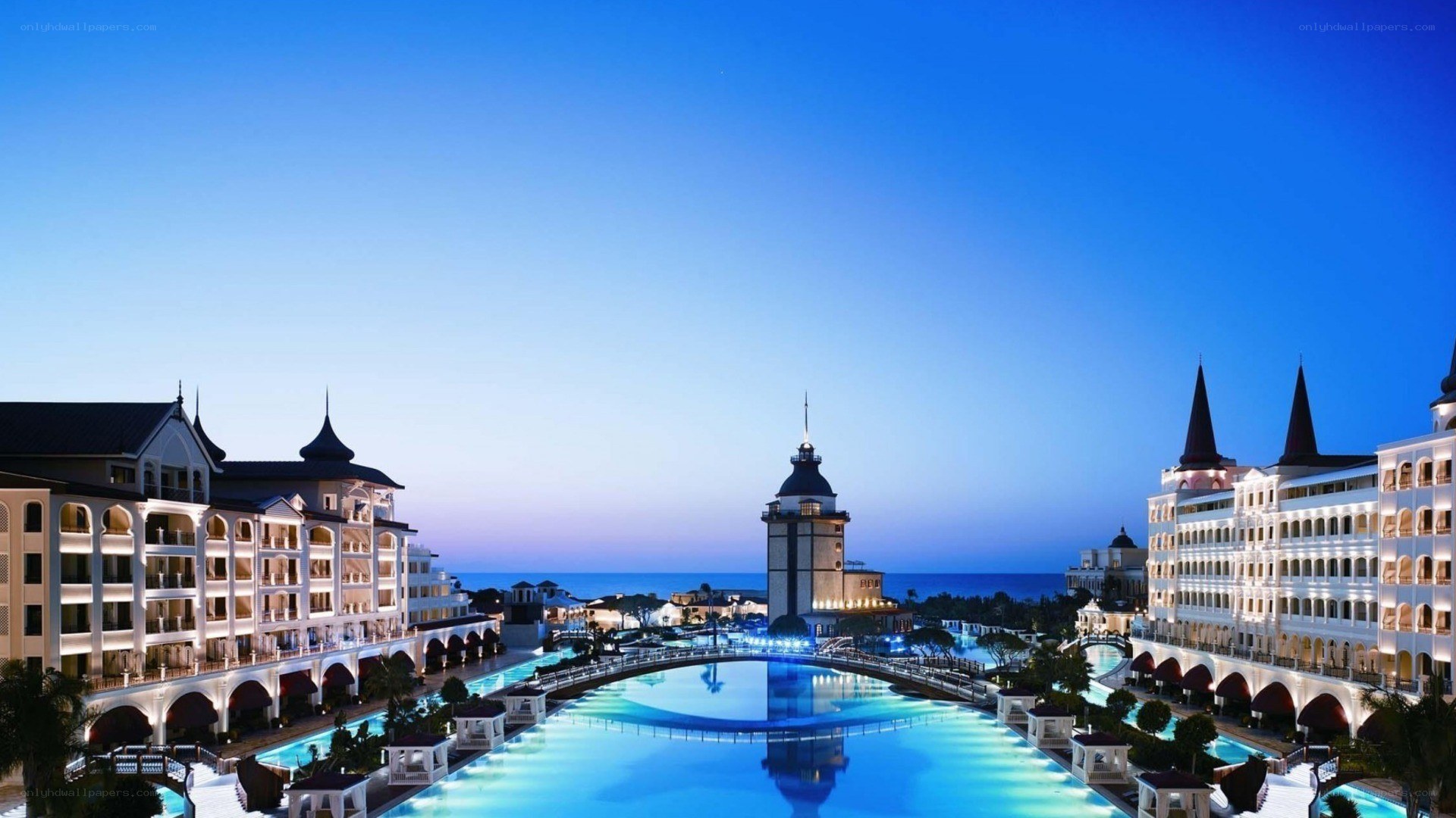 luxury resort at dusk