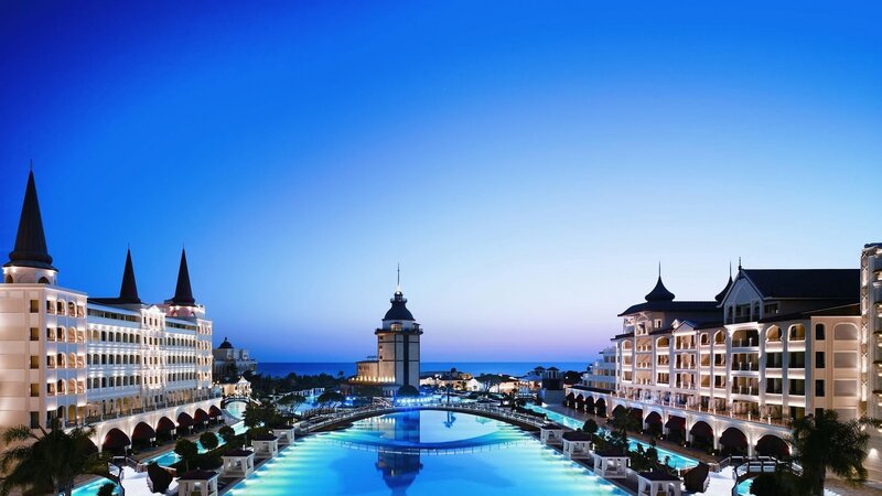 Luxury Resort at Dusk — Blue, Serene, Night, Photograph, Pool, Tower