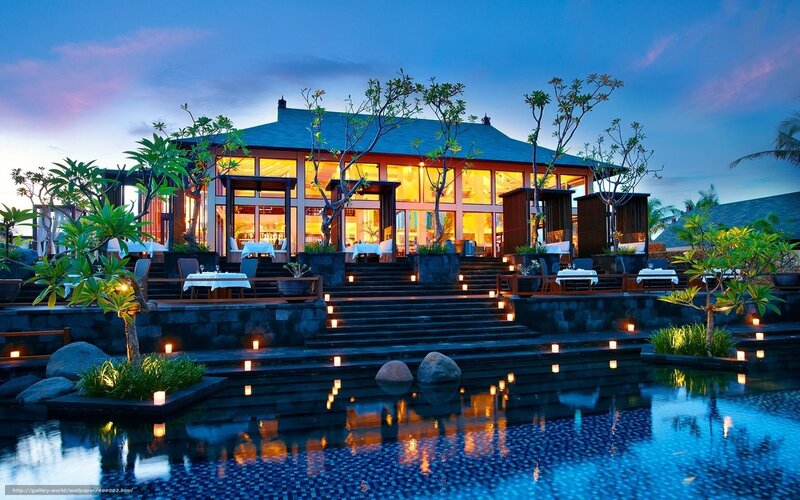 Luxury Resort at Dusk — Blue, Serene, Night, Photograph, Pool, Trees
